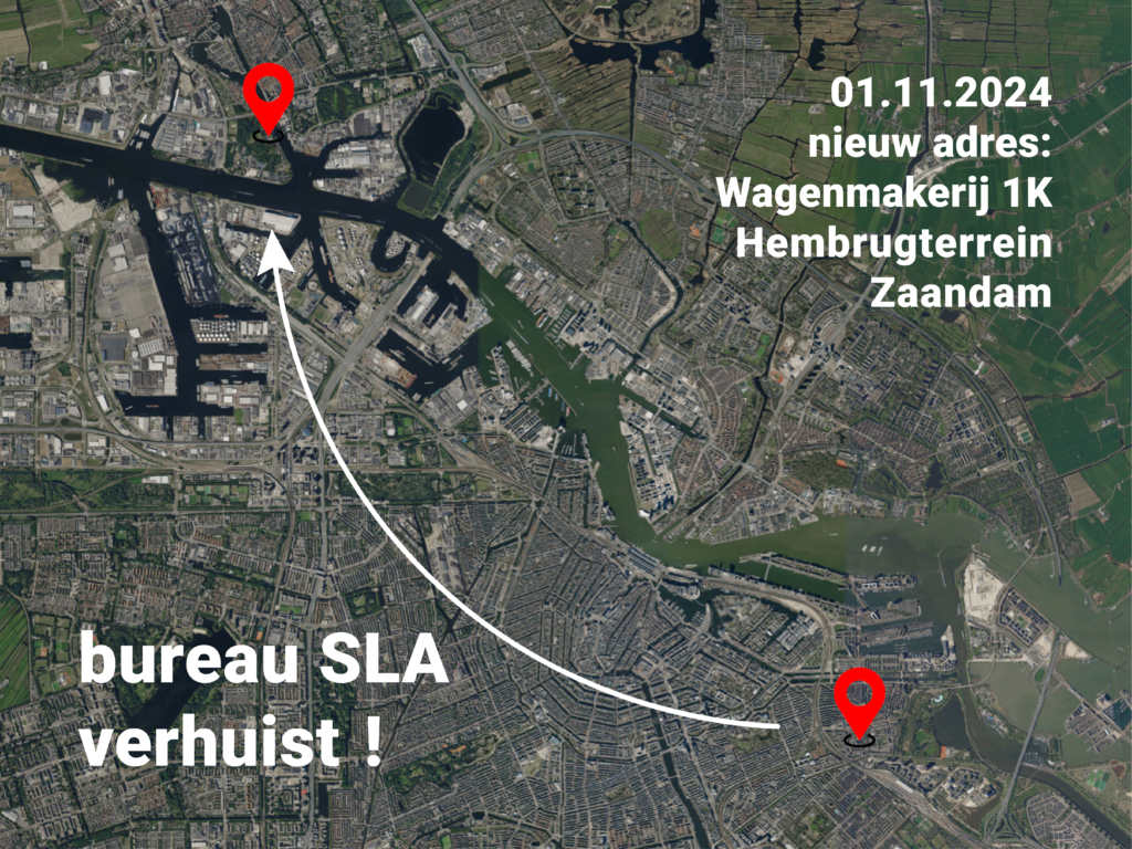 Stadsplattegrond met de oude en nieuwe locatie van bureau SLA.