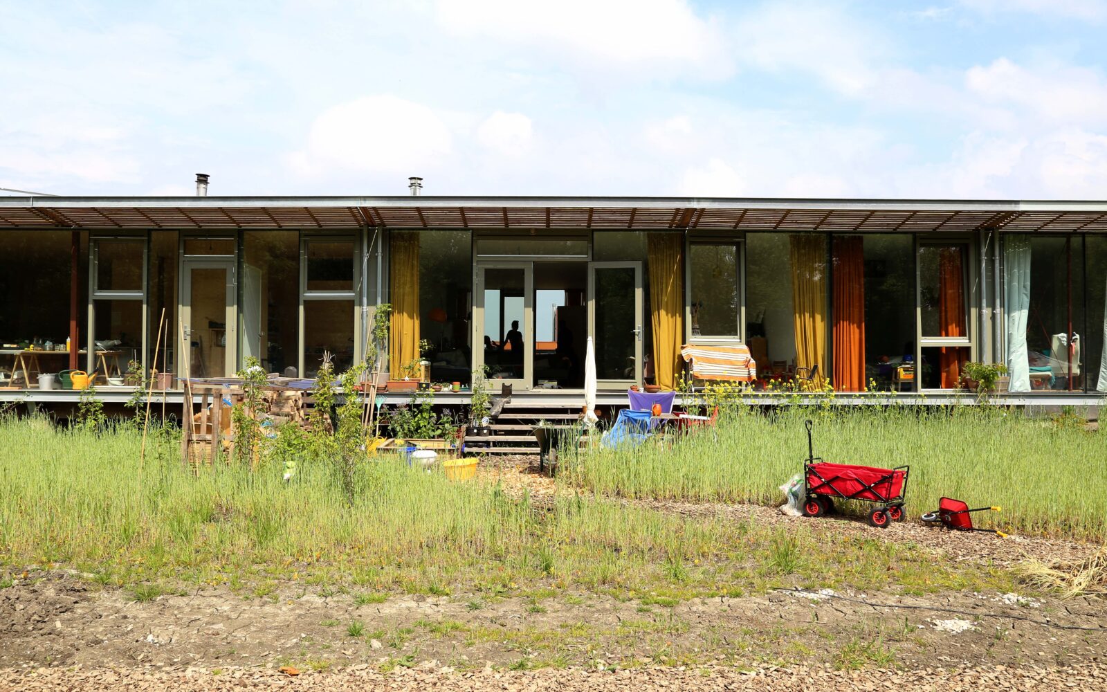South-facing timber building in full summer bloom, co-living Oosterwold, Almere